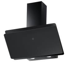 Front view of Culina ICON80H 80cm angled black glass cooker hood with LED touch controls