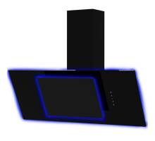 Front view of Culina UBAHALO9 90cm angled black glass cooker hood with halo edge lighting