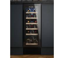 Front view of Culina UBBKWC30 30cm freestanding wine cooler in black with LED display and wooden shelves