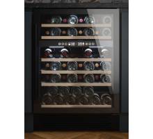Front view of Culina UBBKWC60 60cm freestanding wine cooler with black finish and wooden shelves