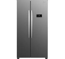 Front view of Indesit INGF6441XP4UK side by side American fridge freezer in stainless steel