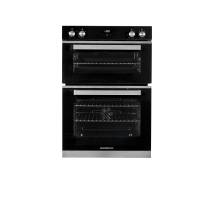 Front view of NordMende DOIC425IX double oven in black glass and stainless steel finish