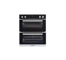 Front view of NordMende DOUC425IX built-under double oven in black glass and stainless steel