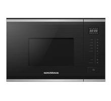 Front view of NordMende NM20IX slim-depth built-in microwave in black glass and stainless steel