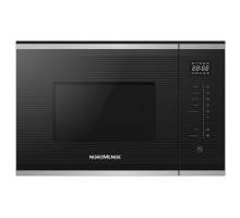 Front view of NordMende NM25IX 25L built-in microwave with black glass and stainless steel finish
