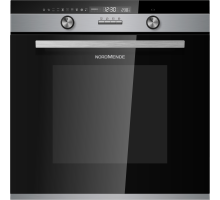 Front view of NordMende SOP525IX built-in oven with black glass and stainless steel handle