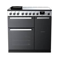 Front view of Rangemaster EDDL90EIGBLKCM1 Edge Deluxe 90cm induction range cooker with ovens and LED controls
