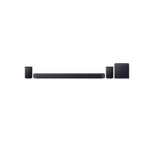 Front view of Samsung Q990F soundbar system with subwoofer and rear speakers