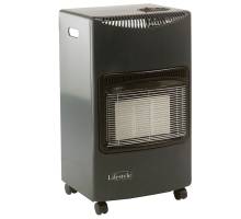 Lifestyle Superser-style gas heater in grey cabinet with castors and regulator