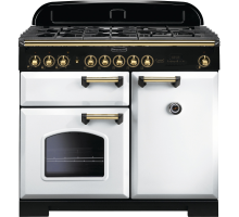 Rangemaster CDL100DFFWHB - 100cm Classic Deluxe Dual Fuel White Brass Range Cooker 113860