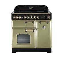 Rangemaster CDL90ECOGB 90cm Classic Deluxe Electric Ceramic Olive Green Brass Range Cooker 114730