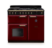 Rangemaster CLDL100DFPBORAB1 Classic Deluxe 100cm dual fuel range cooker in bordeaux with antique brass trim