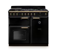 Rangemaster CLDL100DFPGBLAB1 Classic Deluxe 100cm dual fuel range cooker in gloss black with antique brass trim
