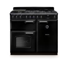 Rangemaster CLDL100DFPGBLCM1 100cm Classic Deluxe Dual Fuel Range Cooker in gloss black with chrome trim