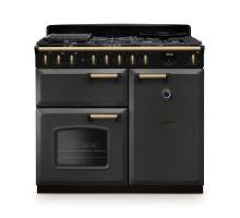 Rangemaster CLDL100DFPSLTAB1 Classic Deluxe 100cm dual fuel range cooker in slate with antique brass trim