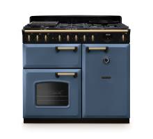 Rangemaster CLDL100DFPSTBAB1 Classic Deluxe 100cm dual fuel range cooker in stone blue with antique brass trim