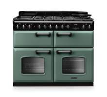 Rangemaster CLDLB110DFPMGRCM1 Classic Deluxe 110cm dual fuel range cooker in mineral green with chrome trim