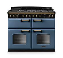 Rangemaster CLDLB110DFPSTBAB1 Classic Deluxe 110cm dual fuel range cooker in stone blue with antique brass trim