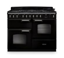 Rangemaster CLDLO110DFPGBLCM1 Classic Deluxe 110cm dual fuel range cooker in gloss black with chrome trim