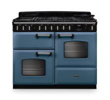 Rangemaster CLDLO110DFPSTBCM1 Classic Deluxe 110cm dual fuel range cooker in stone blue with chrome trim