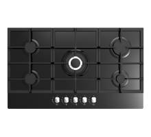 Top view of Culina UBGOG901BK 90cm black glass gas hob with cast iron pan stands and front rotary controls
