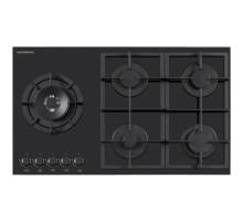 Top view of NordMende HGX904BGL 90cm gas hob with five burners on black glass