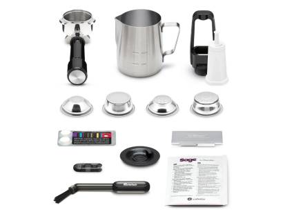 All included accessories with Sage Barista Express milk jug, portafilter, filter baskets, and cleaning kit