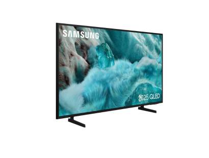 Angled side profile of Samsung 43 inch 4K QLED TV showing slim bezel