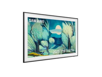 Angled side view showing slim profile of Samsung 65 inch The Frame TV