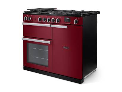Angled view of Rangemaster Professional 100 Bordeaux Range Cooker showing contemporary styling