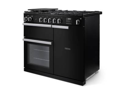 Angled view of Rangemaster Professional 100 Charcoal Black Range Cooker showing contemporary styling