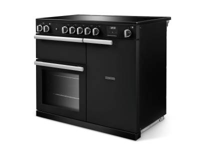 Angled view of Rangemaster Professional 100 Charcoal Black Range Cooker showing contemporary styling