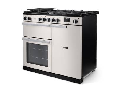 Angled view of Rangemaster Professional 100 Ivory Range Cooker showing contemporary styling
