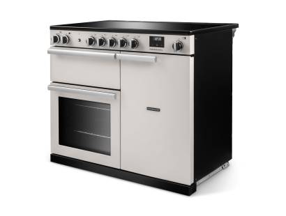 Angled view of Rangemaster Professional 100 Ivory Range Cooker showing contemporary styling