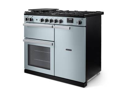 Angled view of Rangemaster Professional 100 Misty Blue Range Cooker showing contemporary styling
