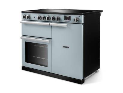 Angled view of Rangemaster Professional 100 Misty Blue Range Cooker showing contemporary styling
