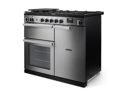 Angled view of Rangemaster Professional 100 Stainless Steel Range Cooker showing contemporary styling