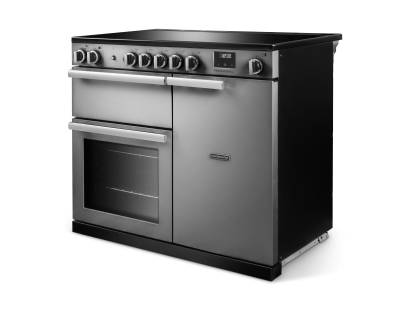 Angled view of Rangemaster Professional 100 Stainless Steel Range Cooker showing contemporary styling