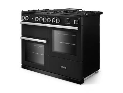 Angled view of Rangemaster Professional 110 Charcoal Black Range Cooker showing contemporary styling
