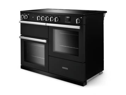 Angled view of Rangemaster Professional 110 Charcoal Black Range Cooker showing contemporary styling