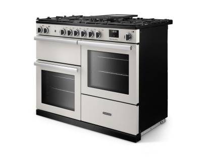 Angled view of Rangemaster Professional 110 Ivory Range Cooker showing contemporary styling