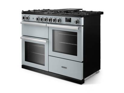 Angled view of Rangemaster Professional 110 Misty Blue Range Cooker showing contemporary styling