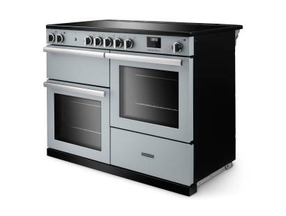 Angled view of Rangemaster Professional 110 Misty Blue Range Cooker showing contemporary styling