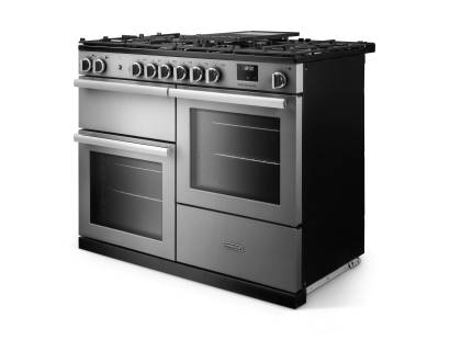 Angled view of Rangemaster Professional 110 Stainless Steel Range Cooker showing contemporary styling