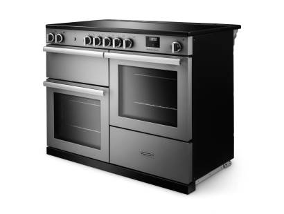 Angled view of Rangemaster Professional 110 Stainless Steel Range Cooker showing contemporary styling