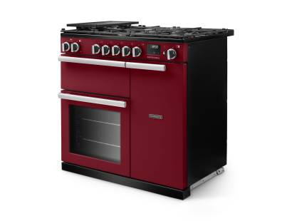 Angled view of Rangemaster Professional 90 Bordeaux Range Cooker showing contemporary styling