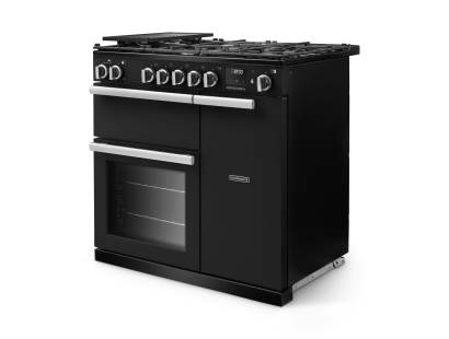 Angled view of Rangemaster Professional 90 Charcoal Black Range Cooker showing contemporary styling
