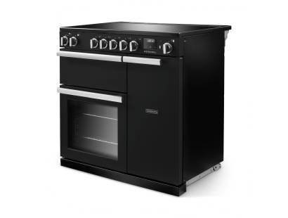 Angled view of Rangemaster Professional 90 Charcoal Black Range Cooker showing contemporary styling
