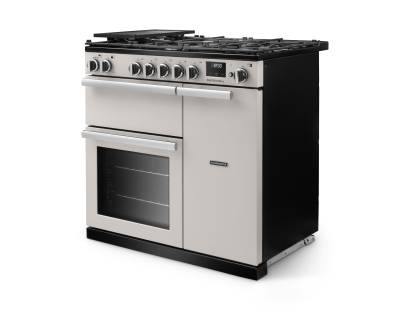 Angled view of Rangemaster Professional 90 Ivory Range Cooker showing contemporary styling