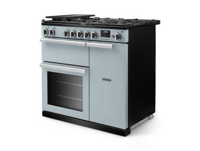 Angled view of Rangemaster Professional 90 Misty Blue Range Cooker showing contemporary styling